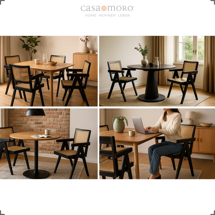 Schwarze Armlehnstühle mit Wiener Geflecht in verschiedenen Wohnsituationen, aus massivem Teakholz und Rattan gefertigt