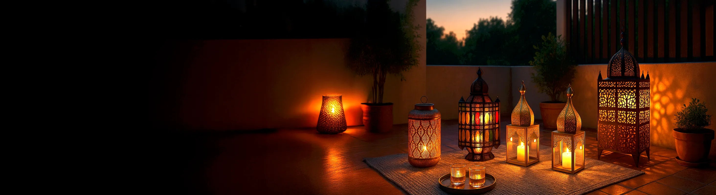lanterns – Orientalische Laternen mit Kerzen auf Terrasse bei Sonnenuntergang – stimmungsvolle Außenbeleuchtung für Garten und Balkon