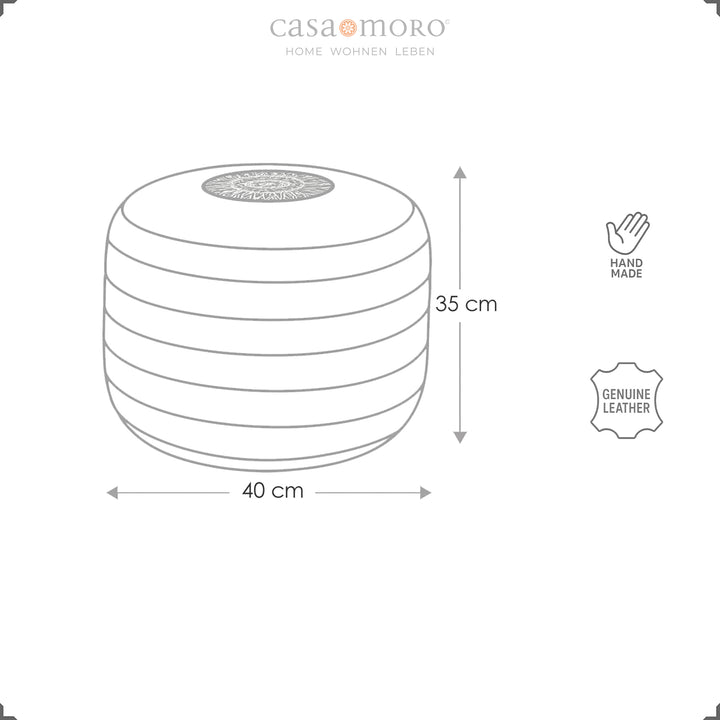 Skizze des runden Leder Poufs mit Maßangaben Ø 40 cm und Höhe 35 cm sowie Icons für Handarbeit und echtes Leder – Casa Moro Design.