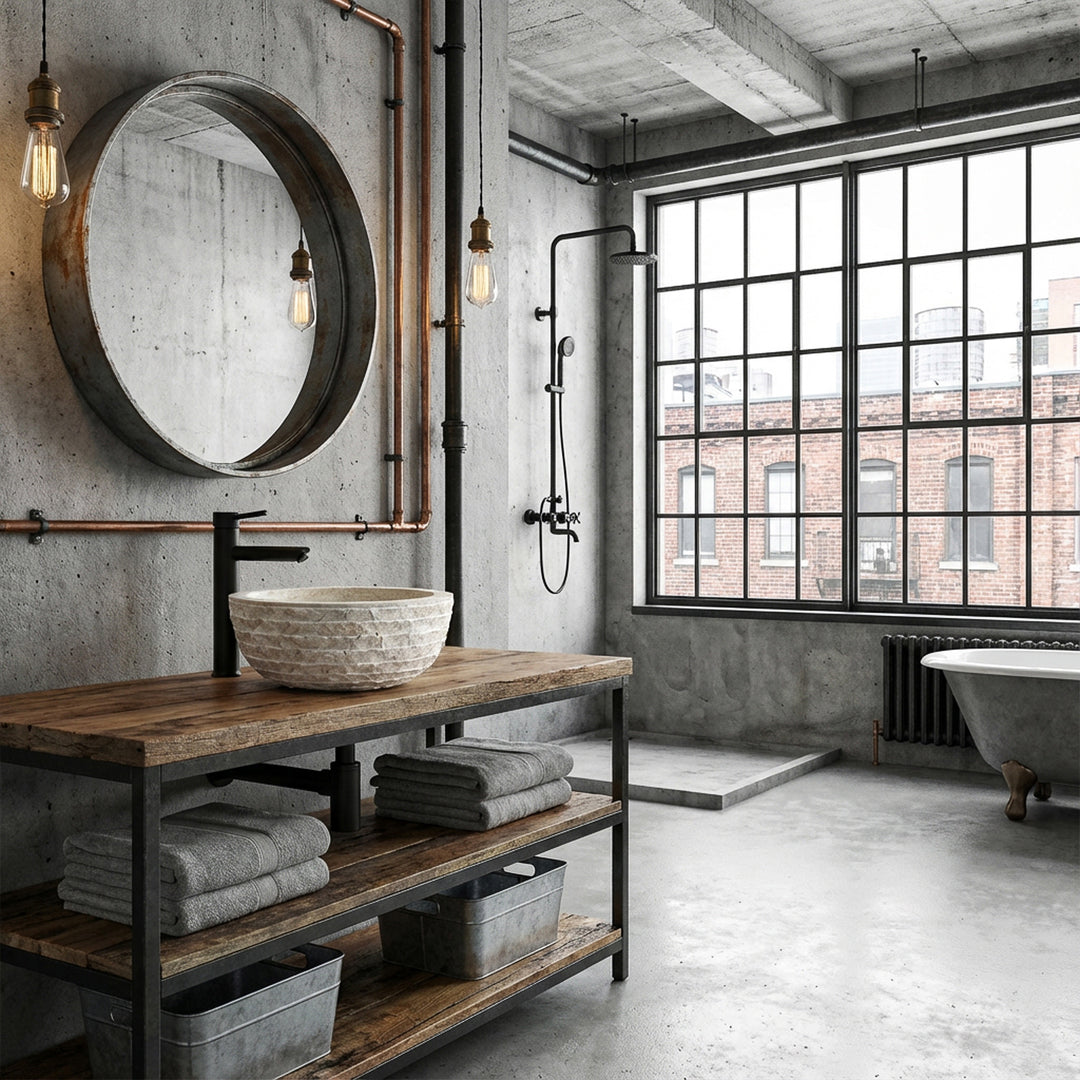Round countertop washbasin made of natural stone with a textured surface on a wood-metal console in an industrial loft bathroom