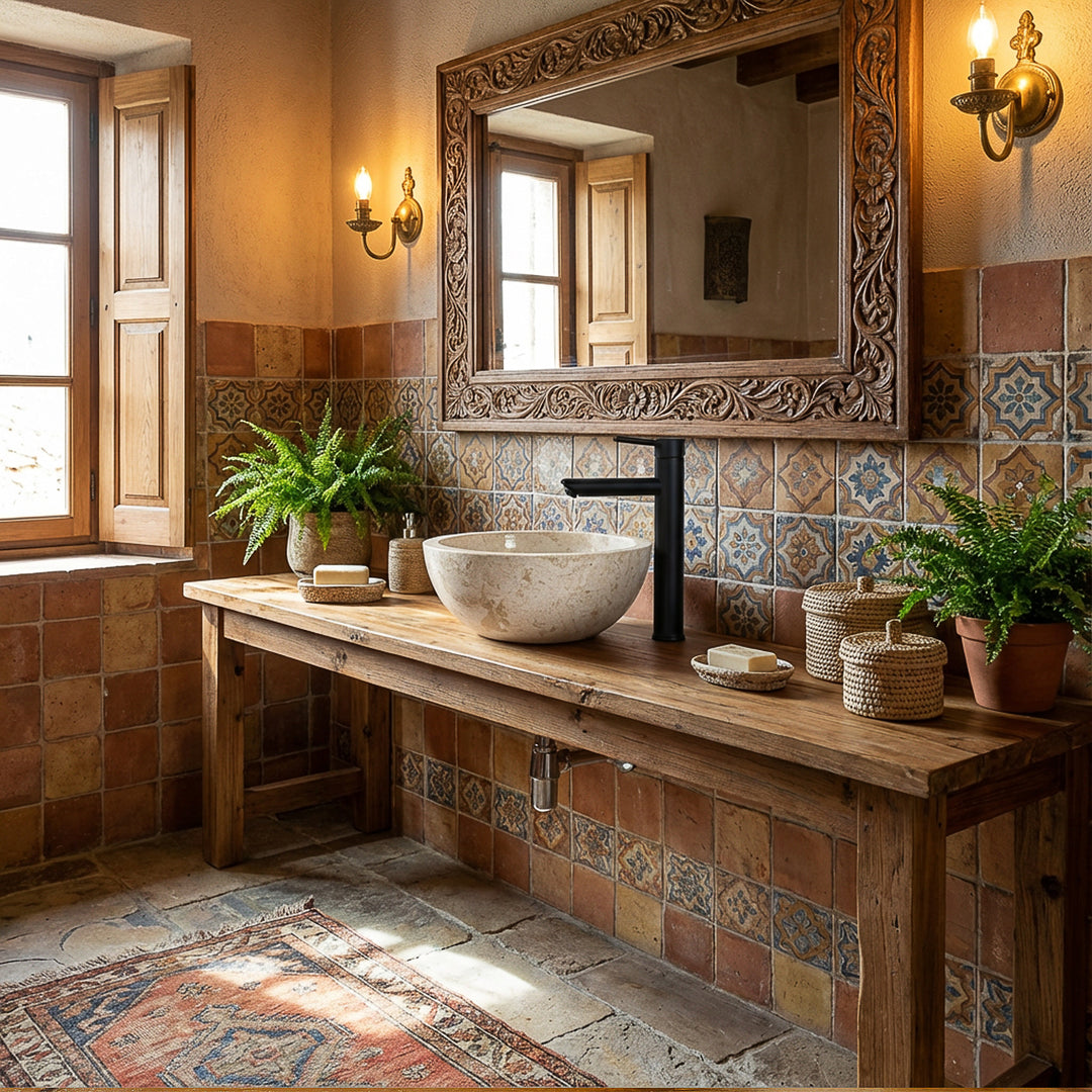 Round countertop washbasin made of light marble on a rustic wooden washbasin with black fittings in a Mediterranean bathroom ambience