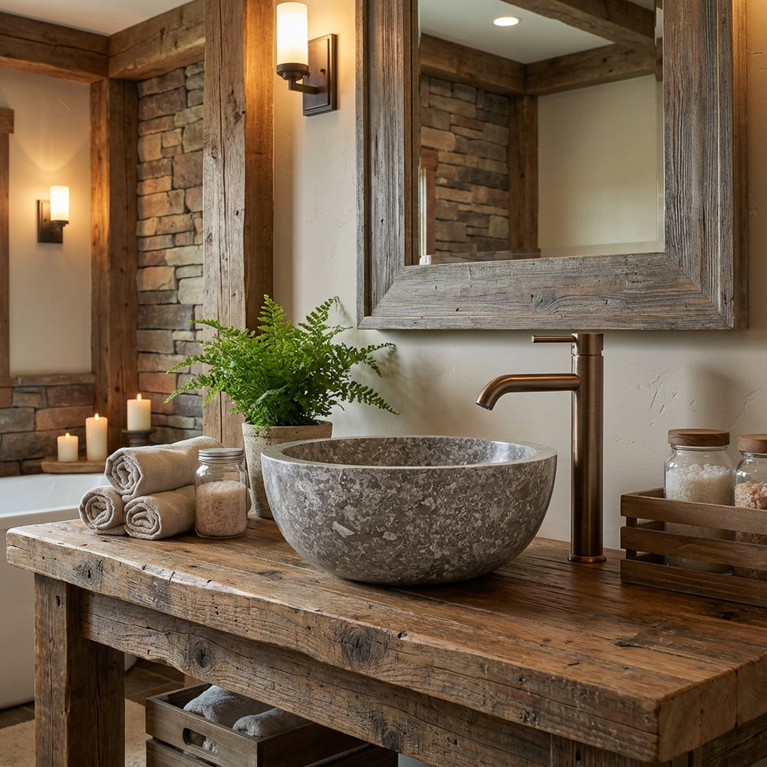 Round marble countertop washbasin on rustic wooden table with brass faucet in warm chalet bathroom ambience