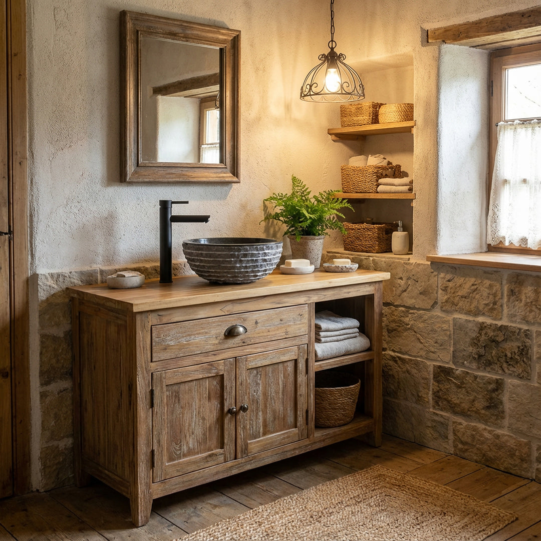 Round Washbasin Made of marble on a rustic wooden washbasin in a country house bathroom with black fittings and warm light