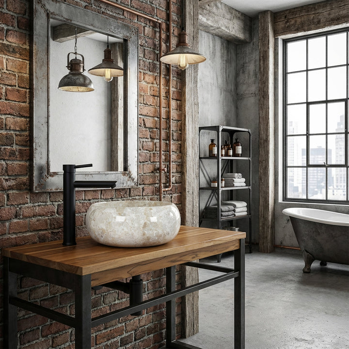 Round countertop washbasin made of light marble on a wooden washbasin with black fittings in an industrial loft bathroom