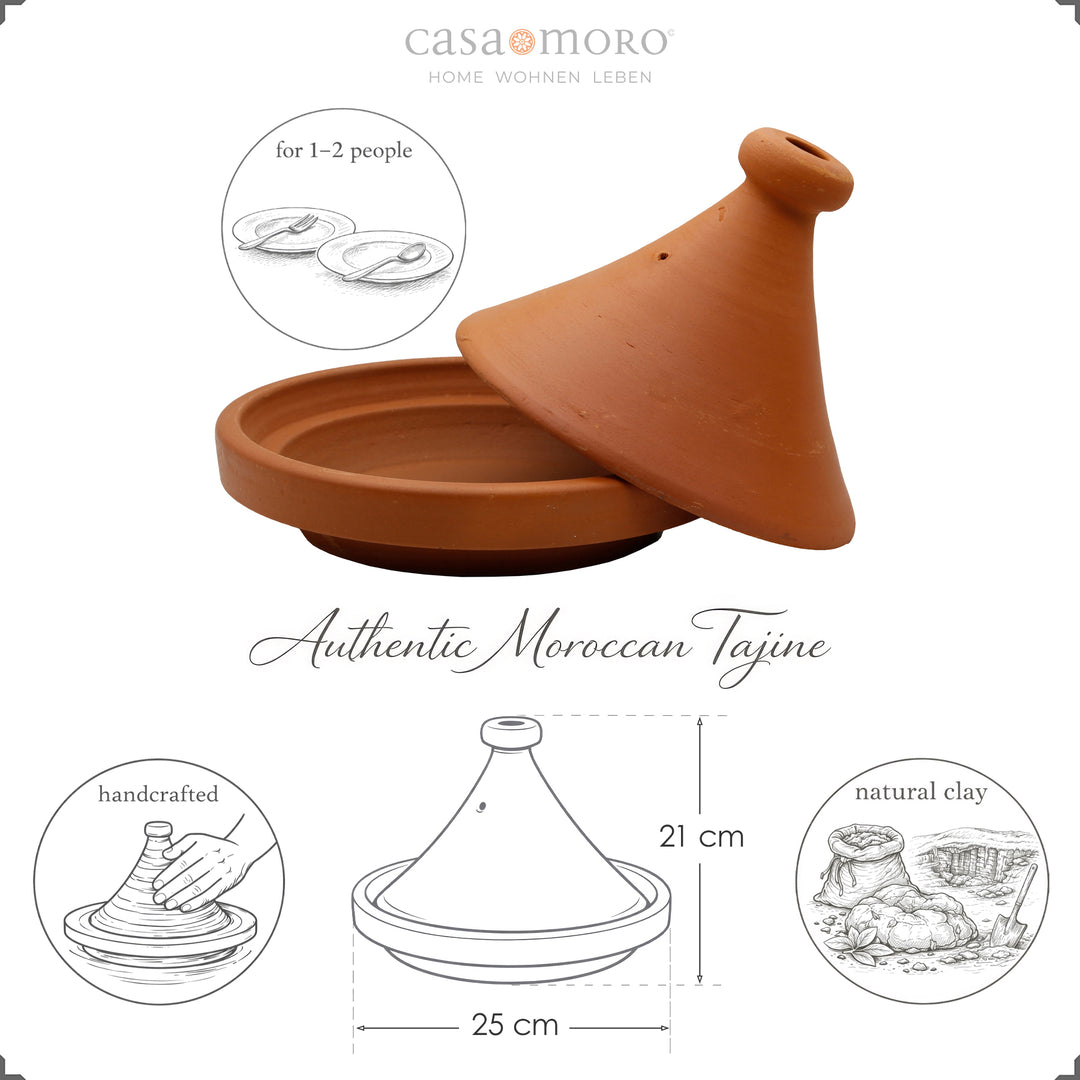 Tajine from Morocco 25 cm for 1-2 people, handmade and natural clay