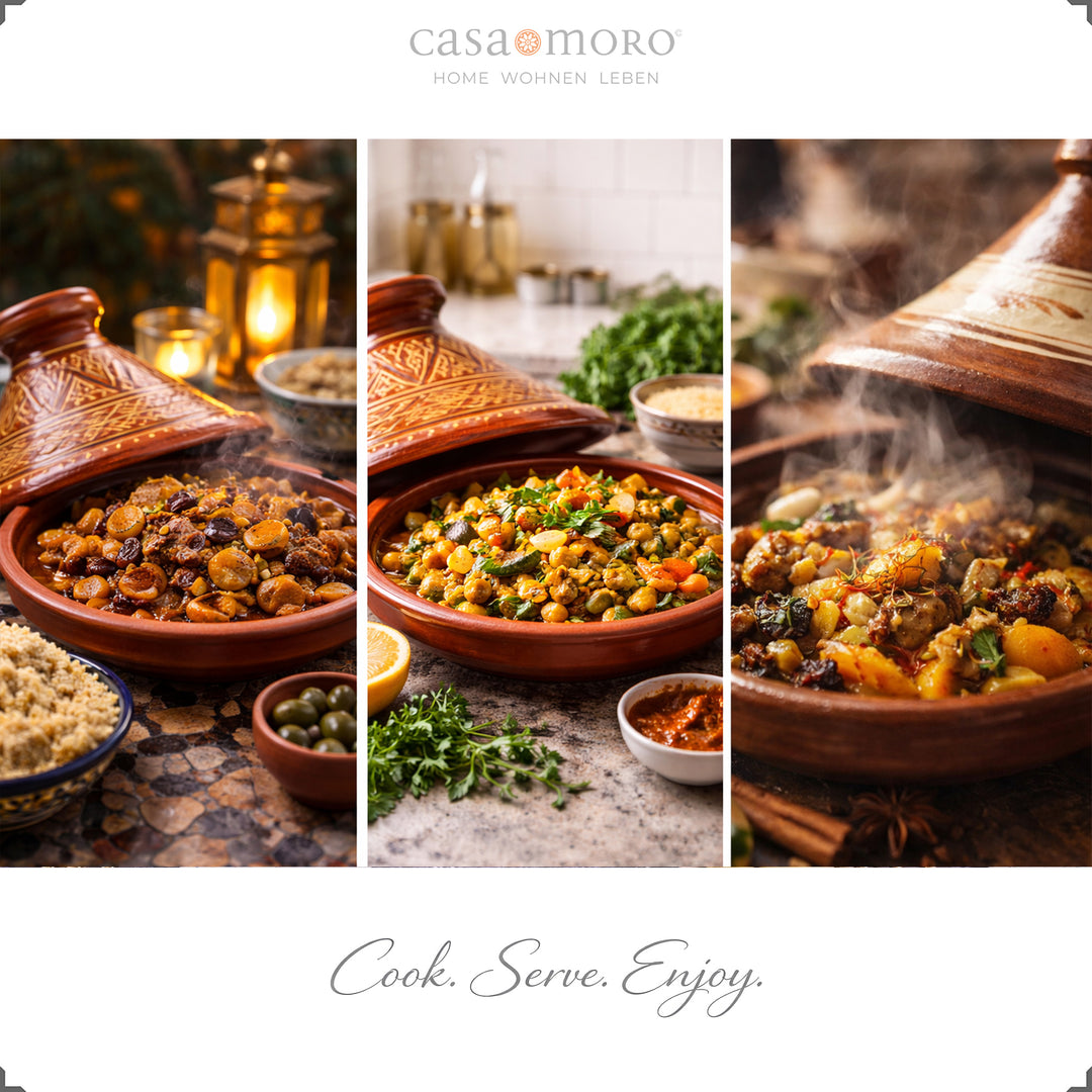 Glazed Moroccan Tagine with henna decoration, traditional cooking pot for lamb, fish or vegetarian