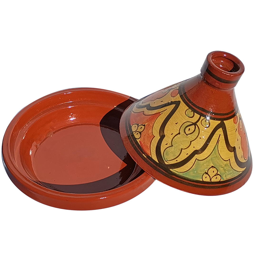 Glazed Tajine made of clay for 4-6 people, Moroccan painted casserole dish with open lid as a cooking pot for lamb or fish