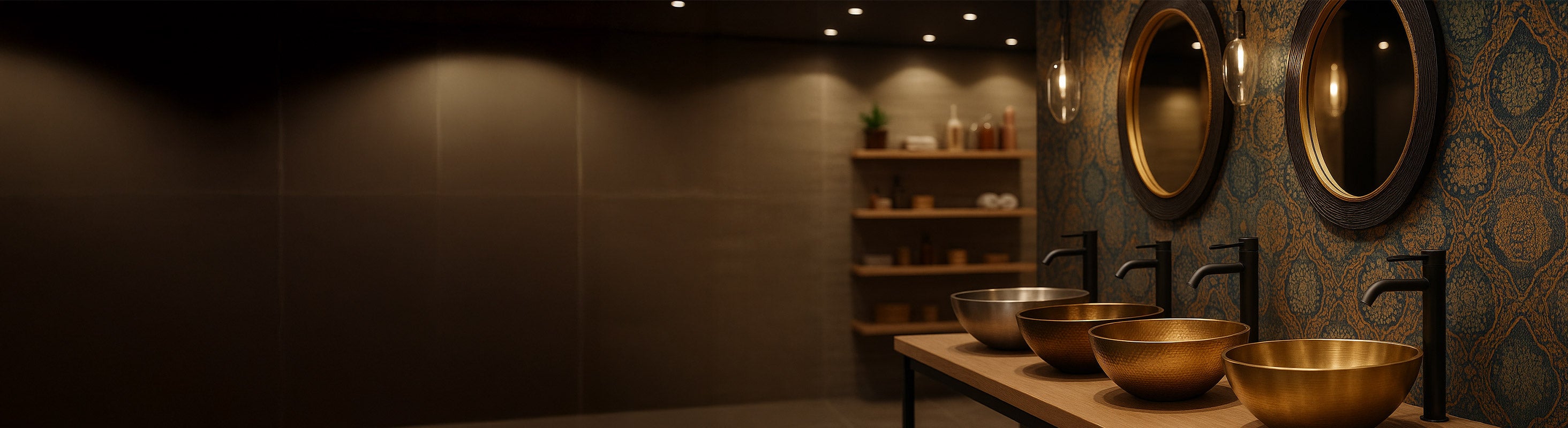 Metal sink – Vier hochwertige Metall-Waschbecken in verschiedenen Formen aus Gold, Bronze und Edelstahl auf Holzplatte vor gemusterter Wand mit Spiegeln