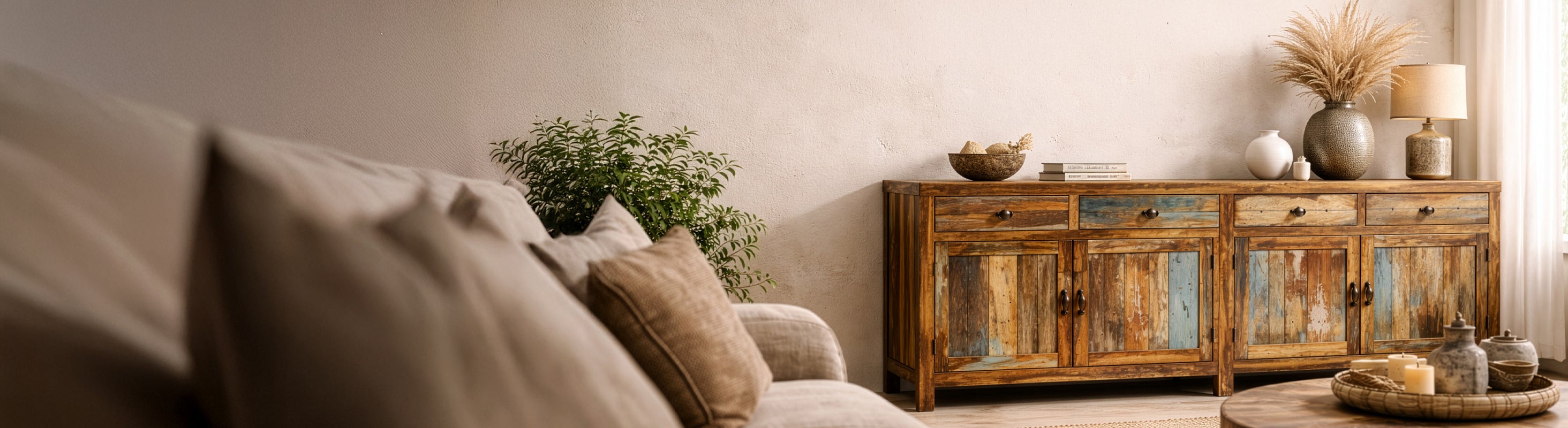 Solid wood furniture – Banner der Creative Collection mit HANDMADE Möbeln aus Massivholz und Mango-Altholz im Vintage-Boho-Stil