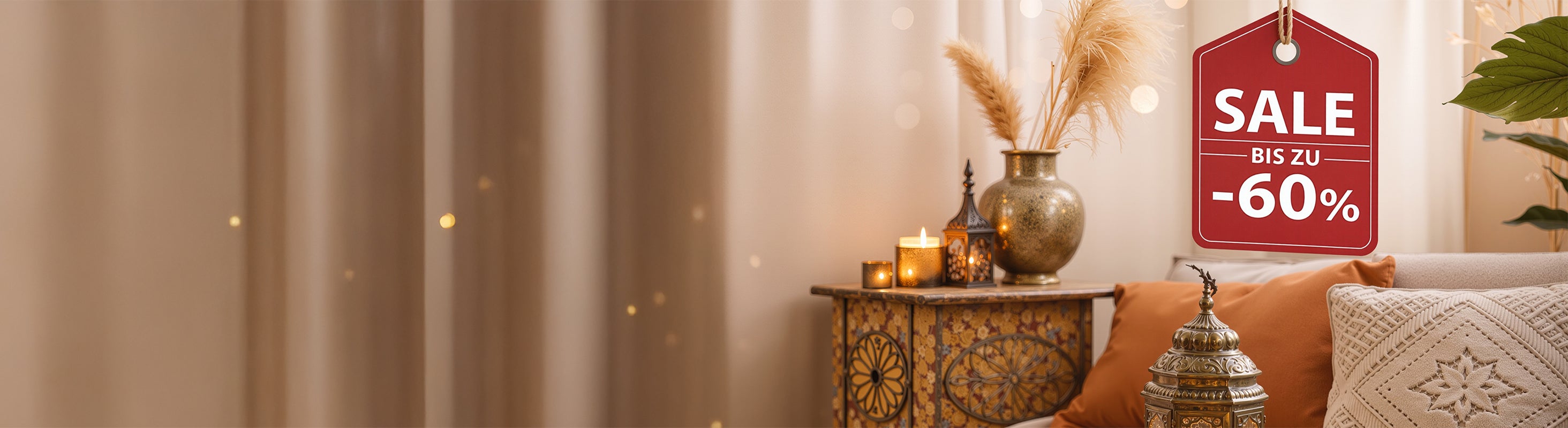 % Sale – Boho living scene with oriental furniture, warm light and Sale-Note up to 60% discount