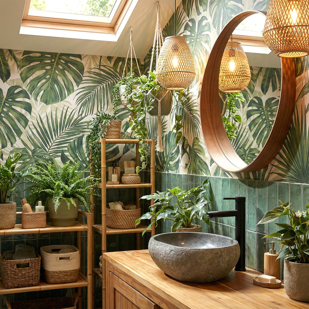 River stone countertop basin in green spa bathroom on wooden vanity unit, combined with black fittings and plant ambience