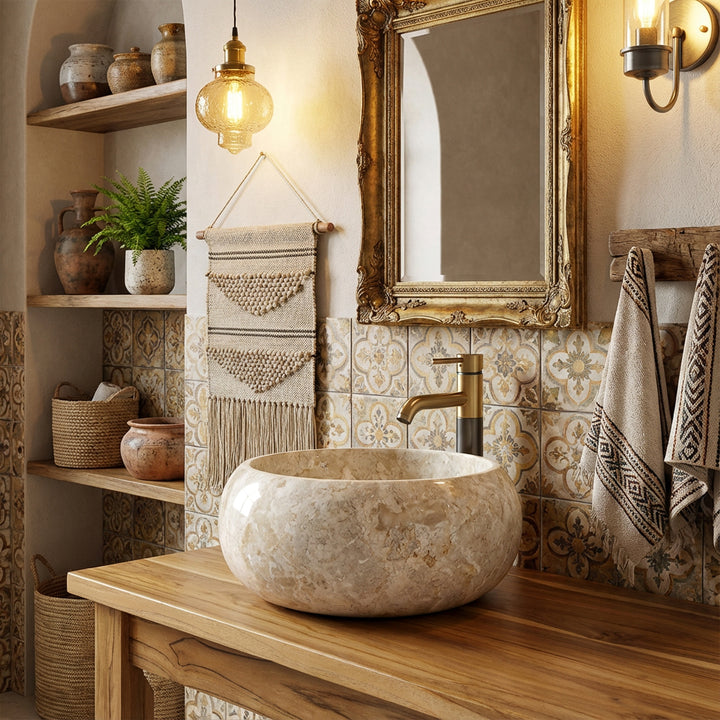 Round countertop washbasin made of natural stone on a wooden washbasin with a brass fitting in front of patterned tiles in a warm bathroom ambience