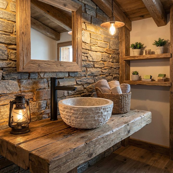 Round countertop washbasin made of light stone with a textured surface on a rustic wooden washbasin in a cozy natural bathroom