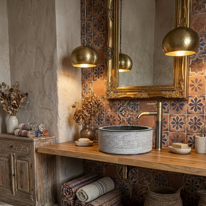 Round Washbasin made of natural stone on a wooden console, combined with brass fittings and ornamental tiles in the oriental bathroom.