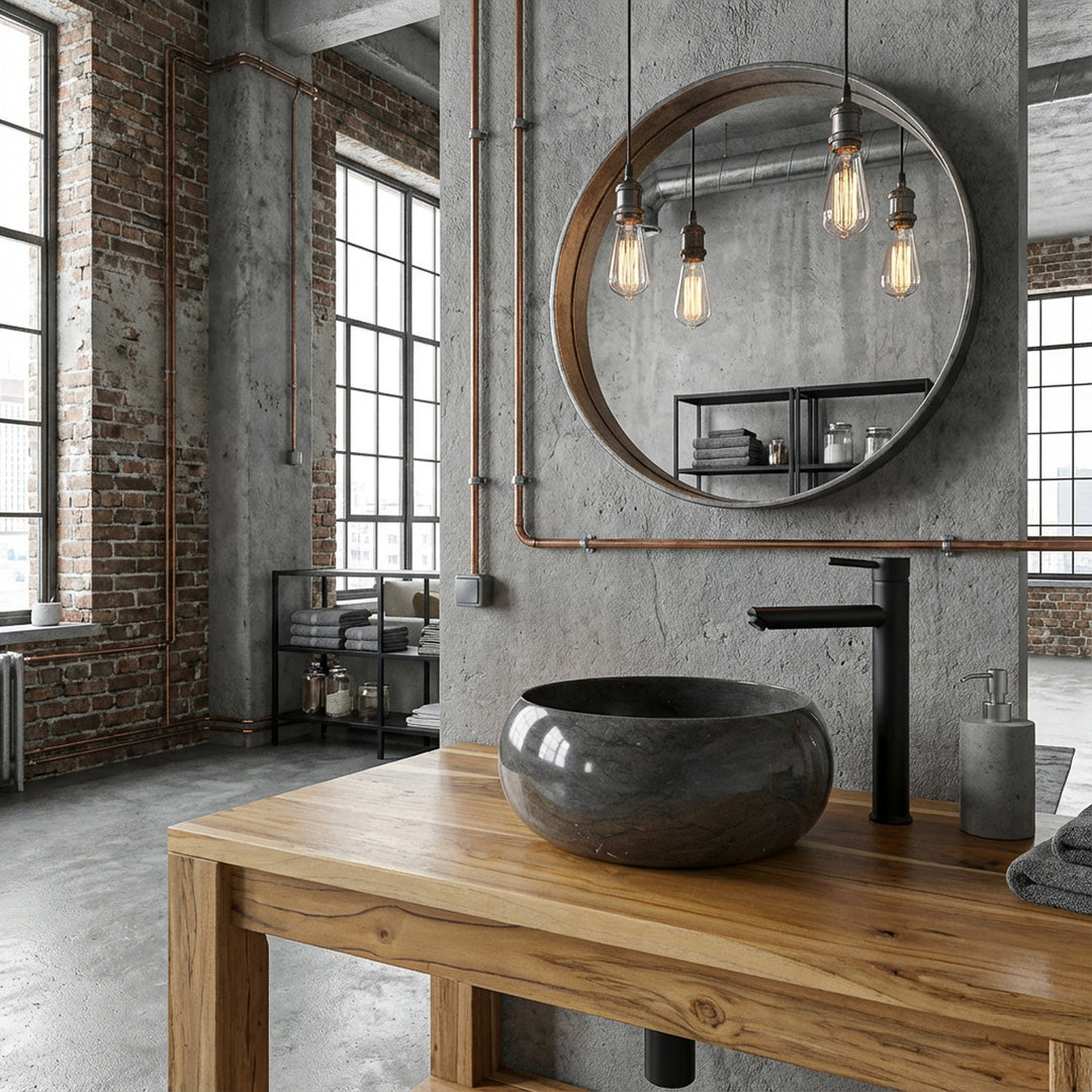 Round Washbasin made of stone on wooden vanity in industrial loft bathroom, combined with black fittings, concrete walls, visible copper pipes and warm light
