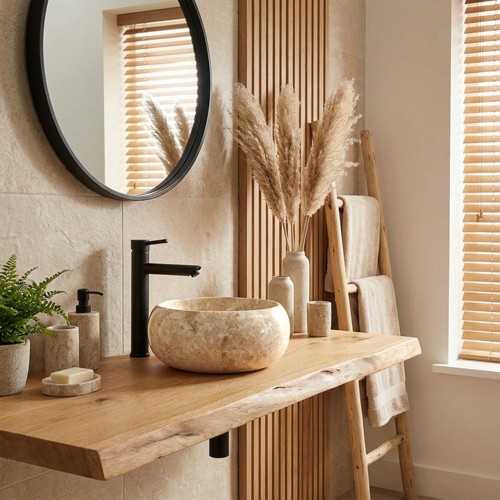 Round countertop washbasin made of light natural stone on a wooden washbasin with black fittings in a bright, modern bathroom ambience