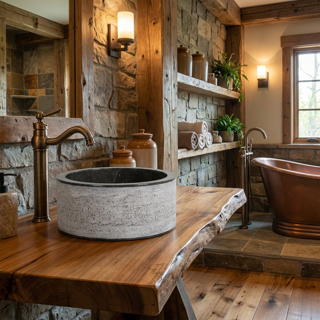 Round natural stone washbasin on a solid wooden console, combined with brass fittings in the warm chalet bathroom with stone walls.