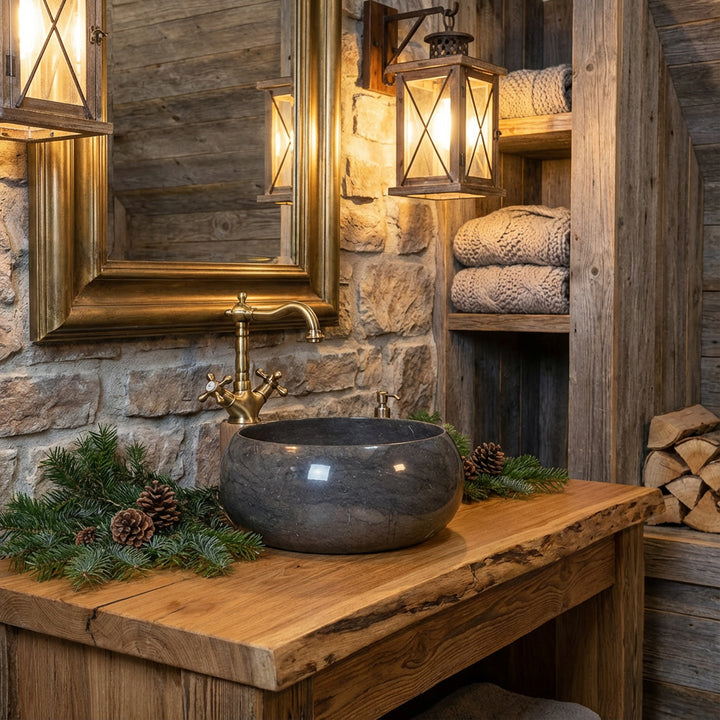 Round countertop marble basin on solid wooden table in rustic chalet bathroom, combined with brass faucet, natural stone wall and warm lantern light