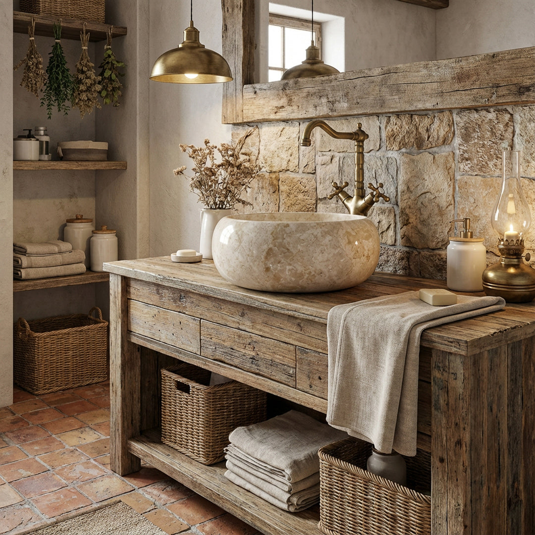Round natural stoneWashbasin as an attachment on a rustic wooden washbasin with brass fittings in a warm country house bathroom