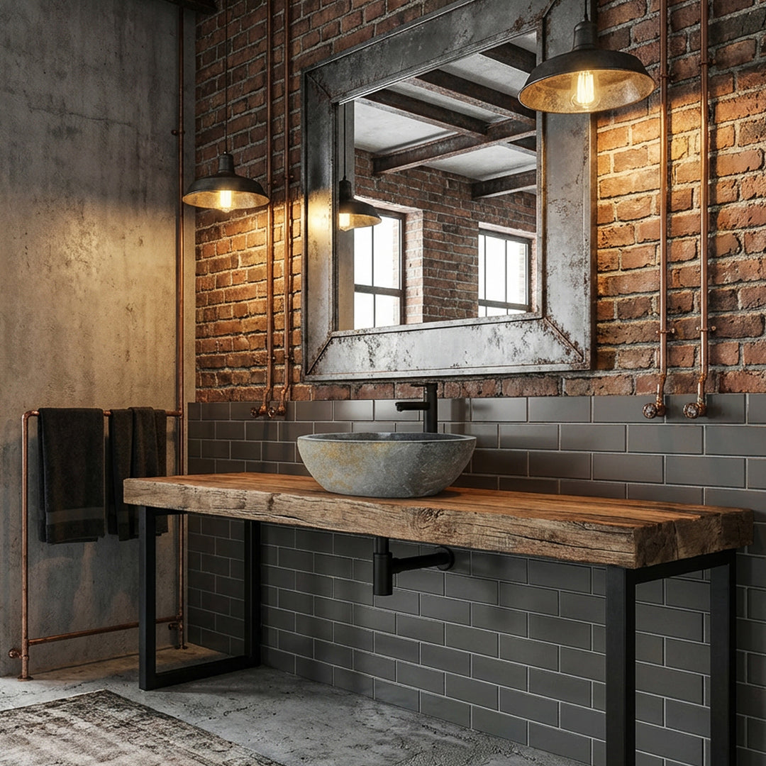Stone sink in the industrial bathroom on a solid wooden console, combined with black fittings, brick wall and warm light