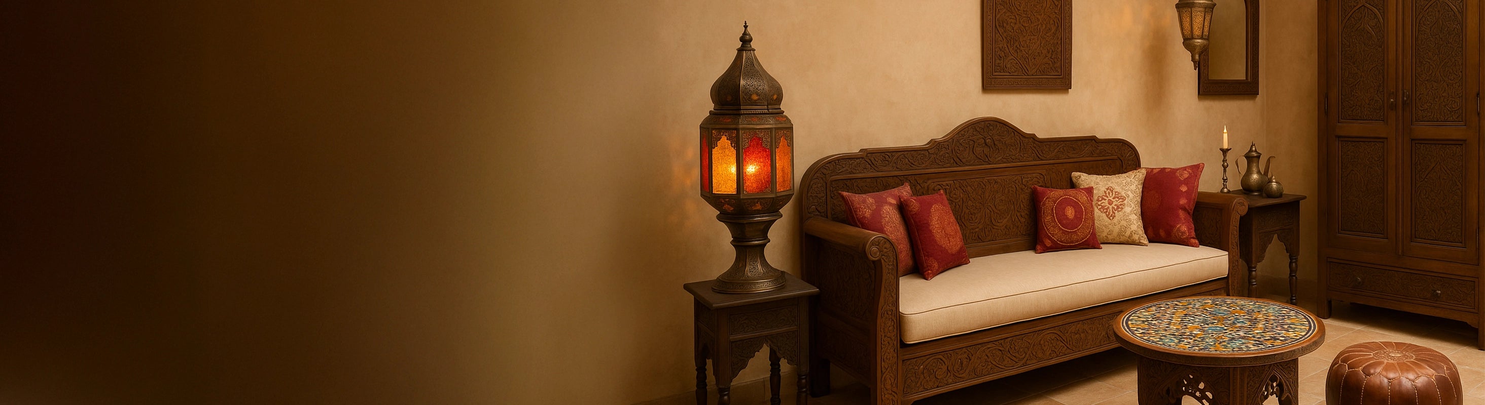 Orientalische Möbel – Wohnzimmer mit orientalischen Möbeln: handgeschnitztes Sofa, Tisch, marokkanische Laternen und Leder-Pouf in warmem, natürlichem Ambien