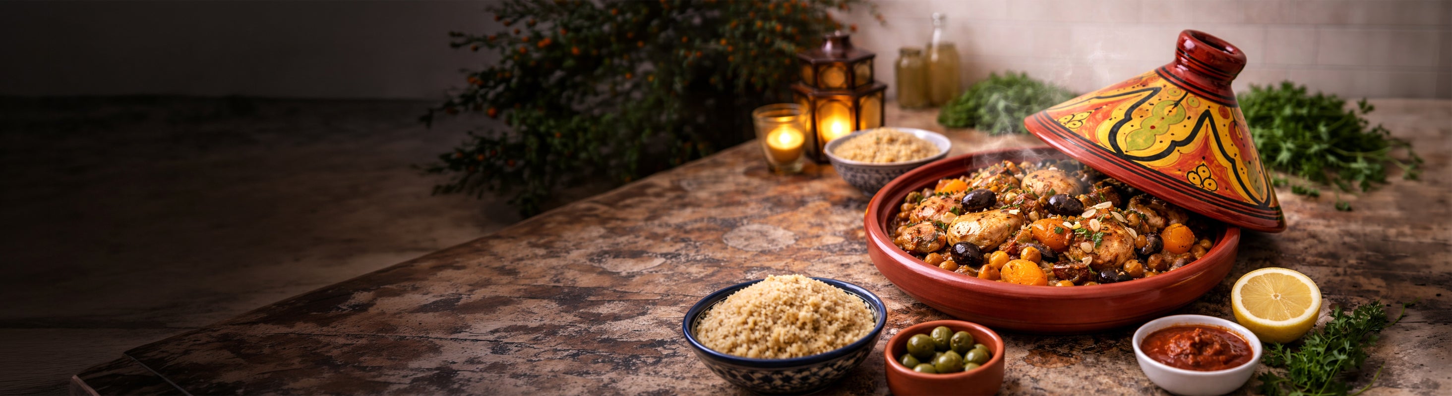 Tajine – Marokkanische Tagine als traditioneller Schmortopf aus Ton mit bemaltem Deckel, gefüllt mit Hähnchen, Gemüse und Oliven.