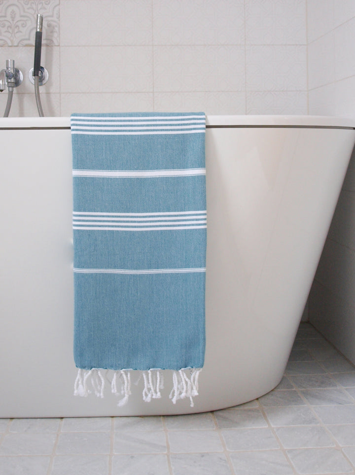 Turkish hammam towel, petrol blue and white