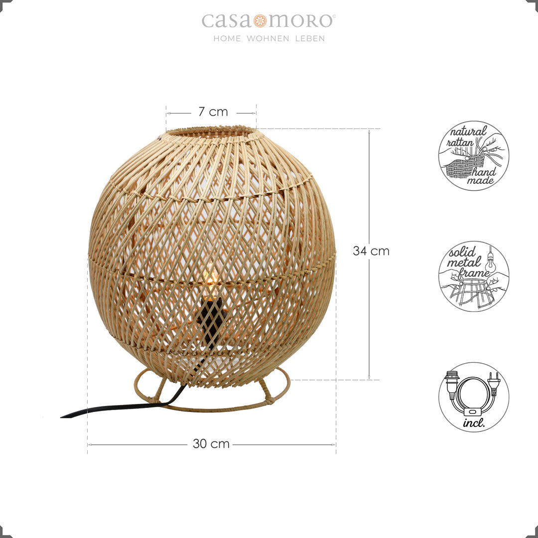 Maßzeichnung der runden Rattan Tischlampe mit handgefertigtem Geflecht und Metallrahmen