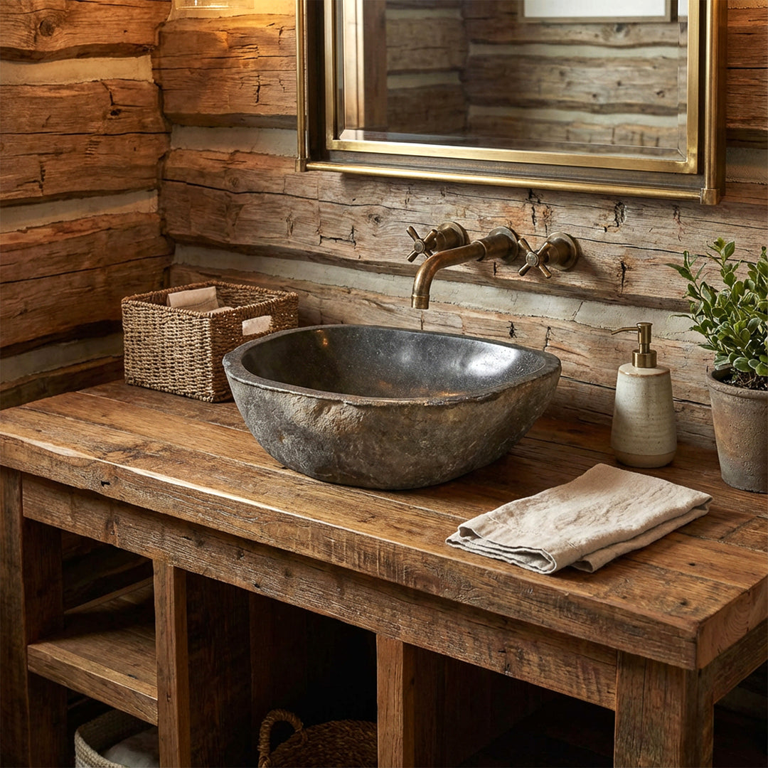 Riverstone Washbasin in the rustic bathroom on a solid wooden console, combined with a brass wall fitting and warm light