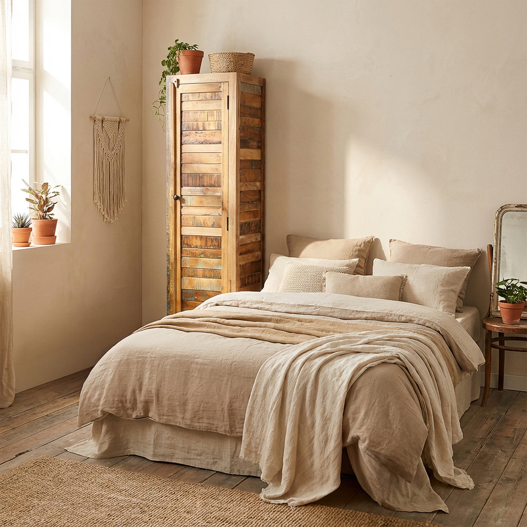 Narrow cabinet made of solid wood and reclaimed wood in a country house style, placed in the bedroom