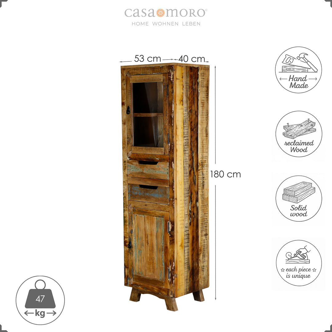 Tall cabinet made of solid wood and old wood with drawer and doors, 180 cm high, in vintage country house style