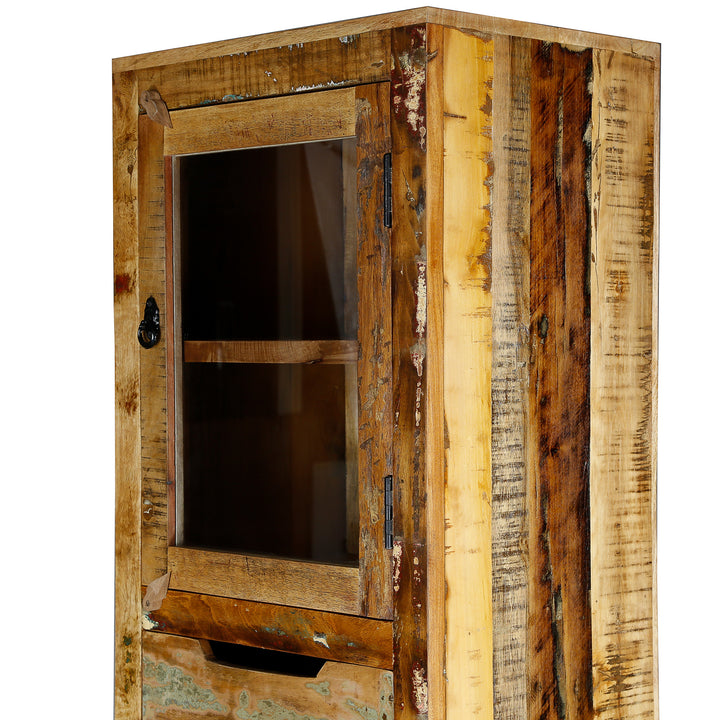 Solid wood and reclaimed wood cabinet with vintage style glass door, shown freestanding