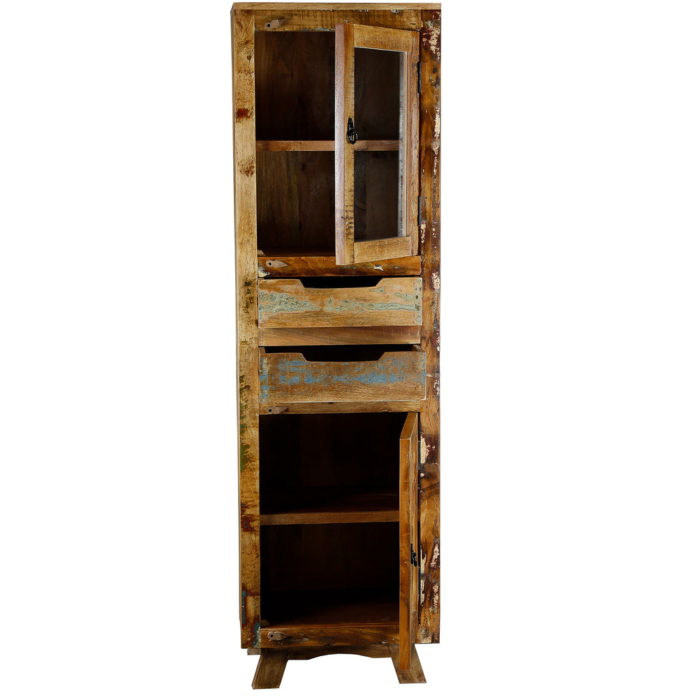 Tall cabinet made of reclaimed wood and solid wood with drawer and doors in vintage style, placed in the kitchen