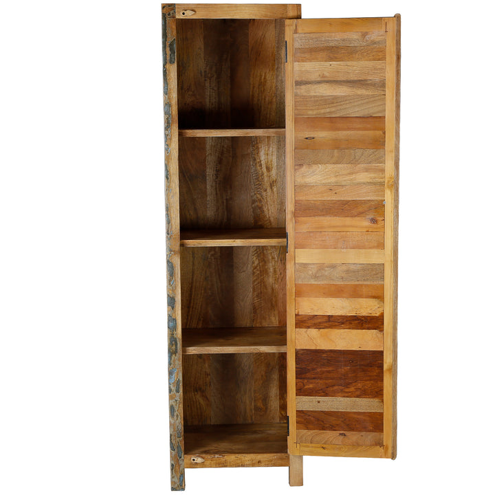 Narrow tall cabinet made of solid wood with four compartments in a vintage style, shown freestanding
