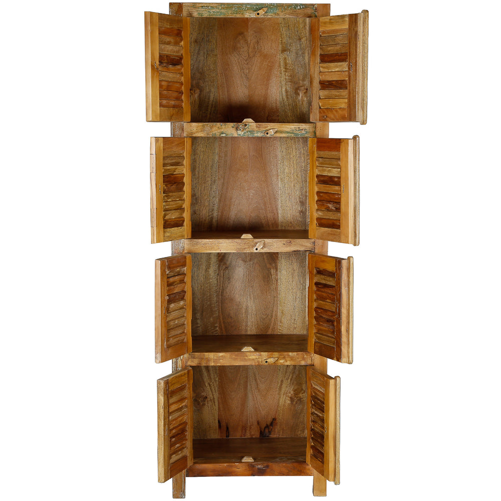 Narrow cabinet made of solid wood and reclaimed wood with four compartments in a vintage style, shown freestanding