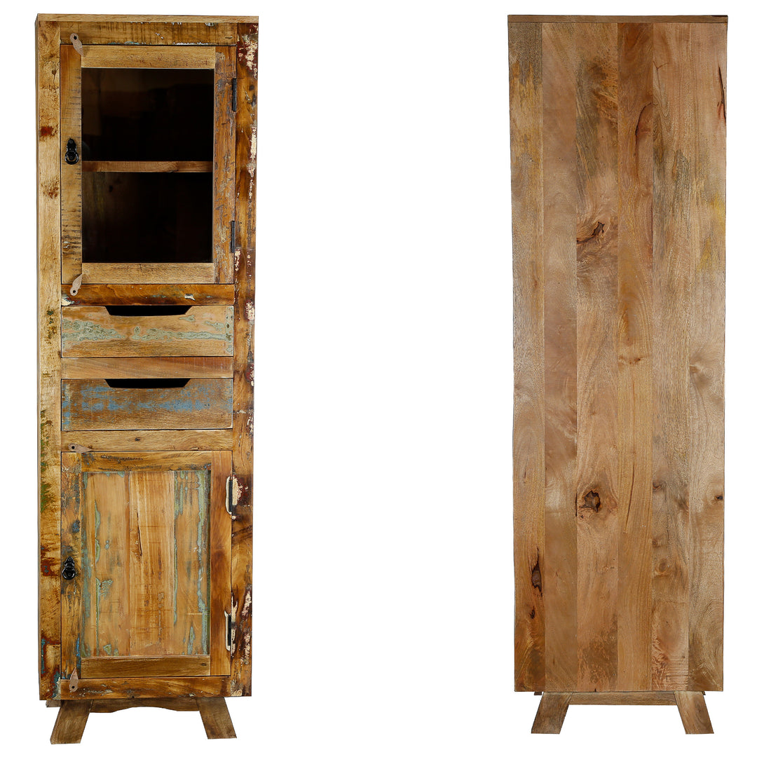 Tall cabinet made of solid wood and reclaimed wood with vintage style drawer and doors, shown freestanding