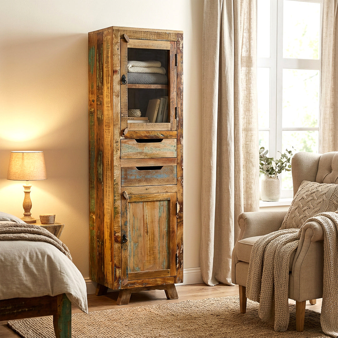 Display cabinet made of solid wood and reclaimed wood with drawer and doors in vintage style, placed in the bedroom