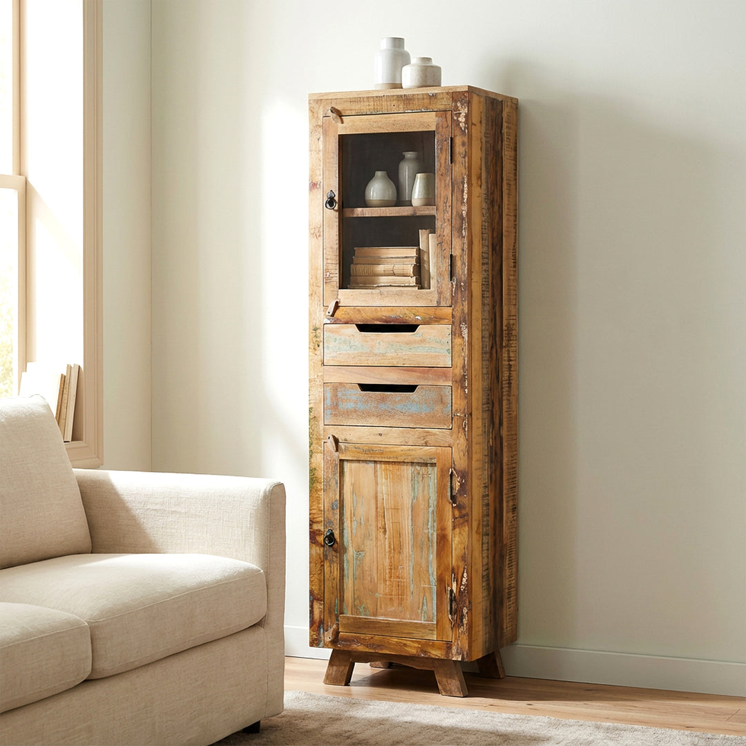 Solid wood and reclaimed wood cabinet with vintage style drawer and doors, placed in modern living room