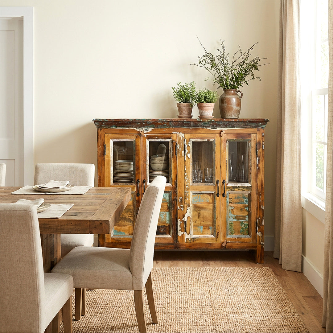 Sideboard aus Massivholz mit Glastüren im Esszimmer als Stauraum für Geschirr und Gläser