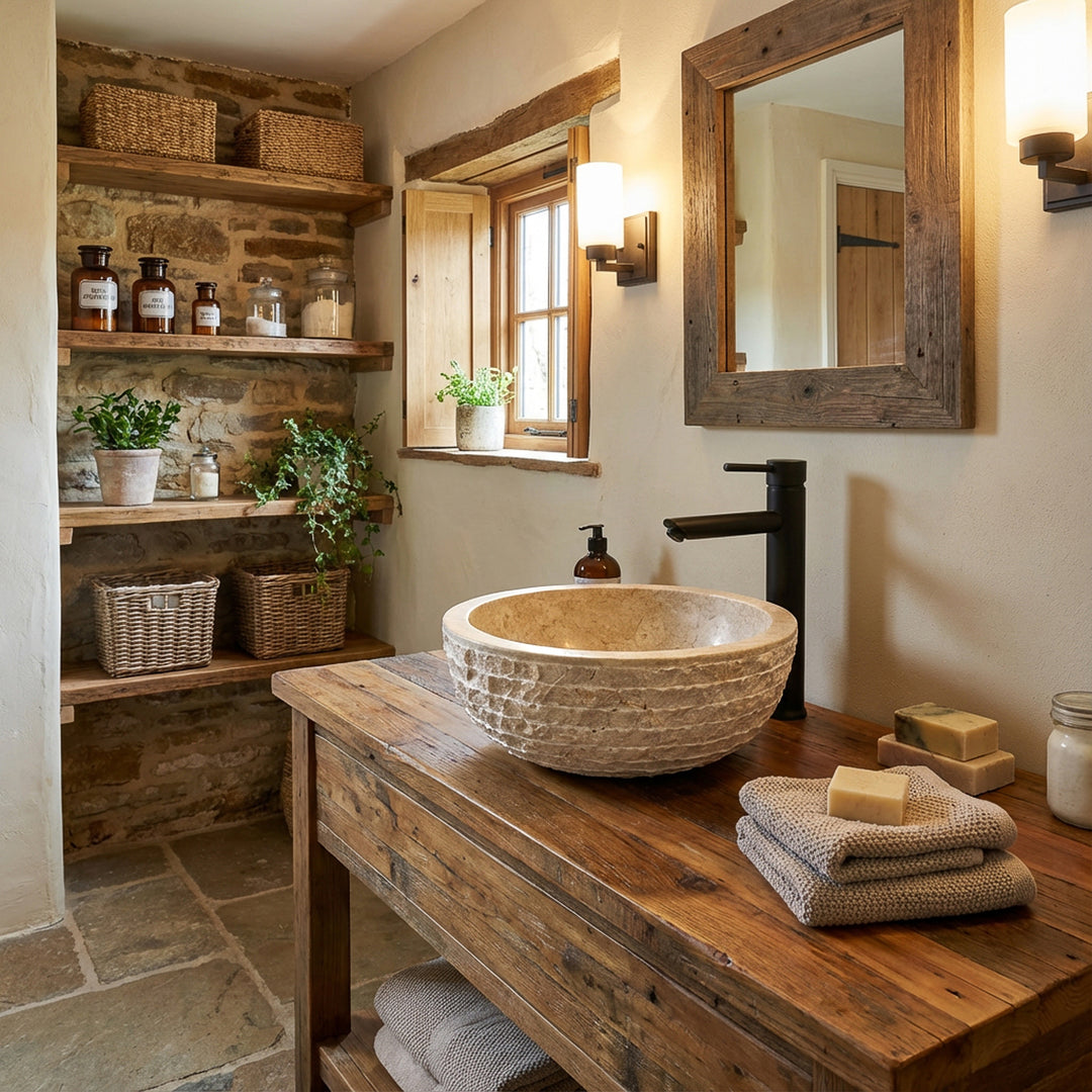 Round stone washbasin made of natural stone as a countertop washbasin on a solid wooden washbasin in a bright country house bathroom with shelves and window light