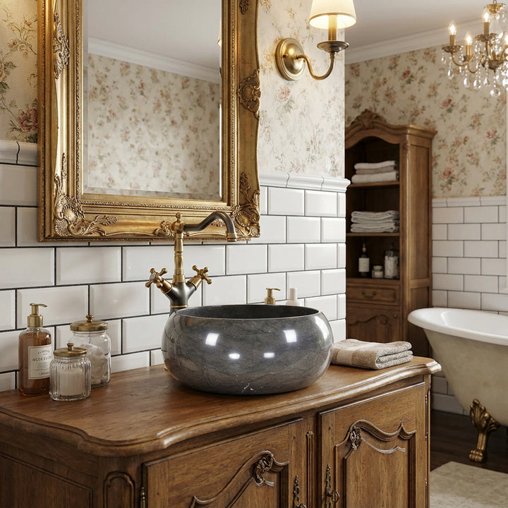 Round marble stone sink on classic wooden vanity in elegant bathroom with gold-colored faucet and mirror