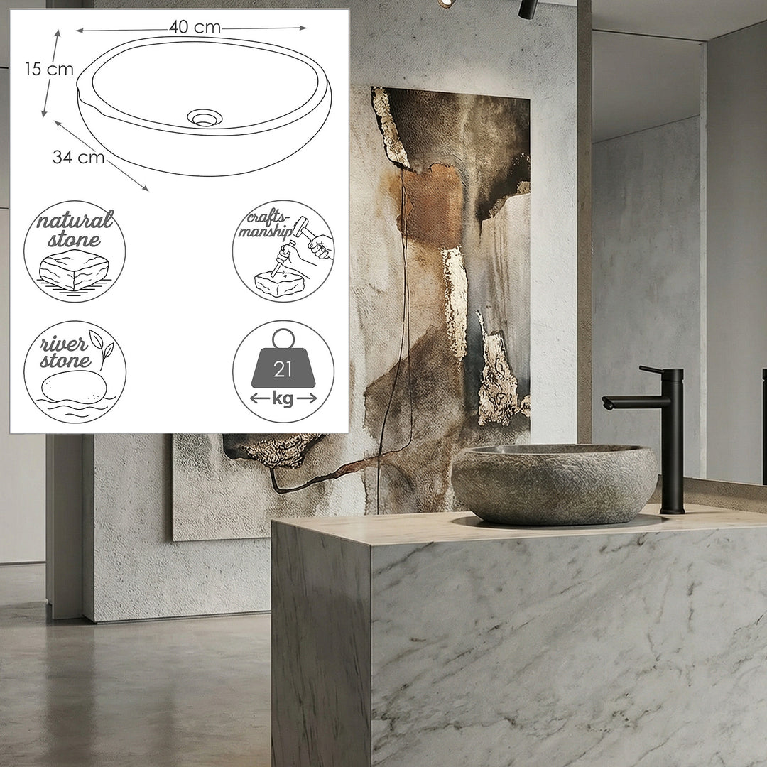 boulderWashbasin with dimension graphic, round countertop basin made of stone on a modern console with black fittings