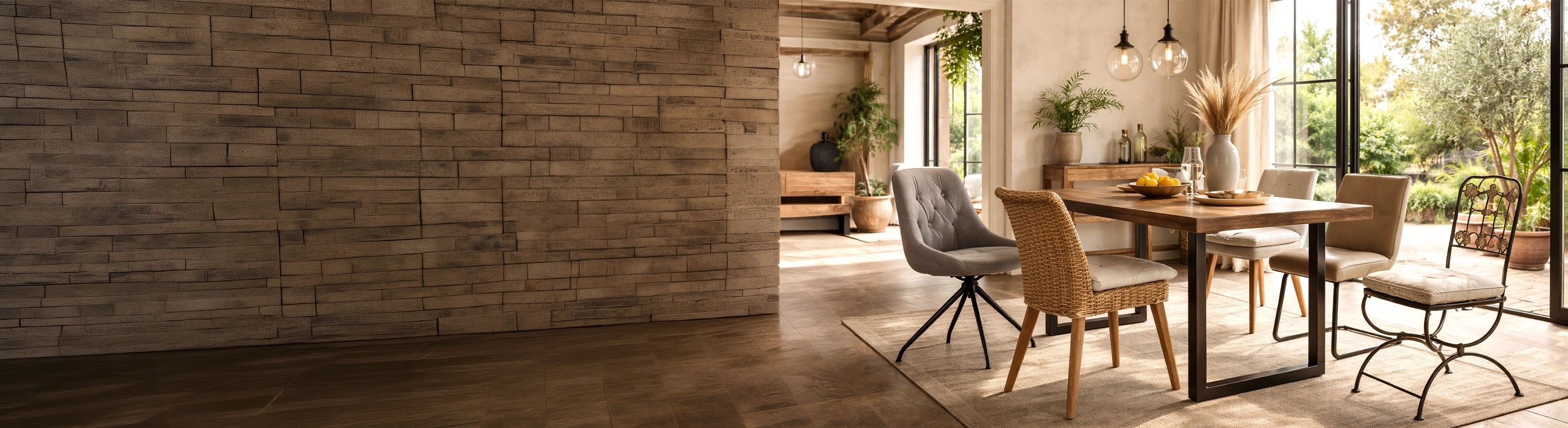 Chairs – verschiedene Stühle aus Metall, Holz, Rattan und Polster am Esstisch im Wohnraum – Kombination aus Esszimmerstühlen für modernes Wohnen