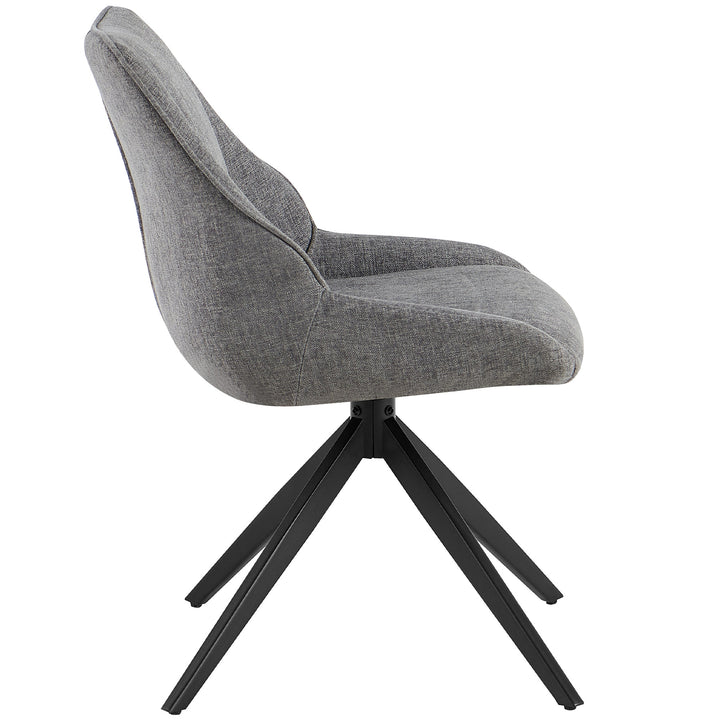 Seitenansicht eines 360° drehbaren Esszimmerstuhls in Grau mit gepolsterter Sitzfläche und Rückenlehne auf schwarzem Metallgestell in Stativform