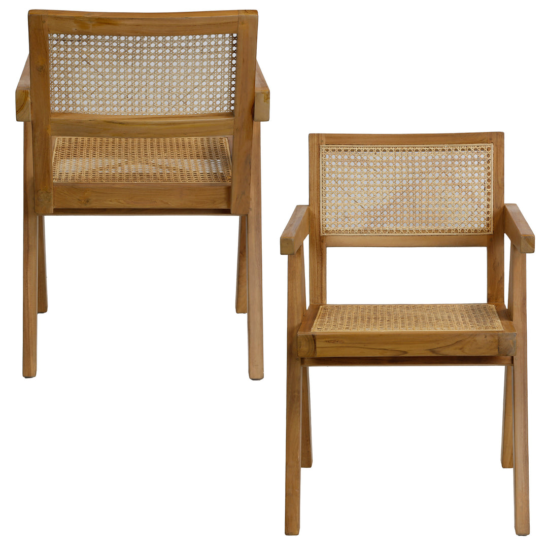 Vorder- und Rückansicht des Armlehnstuhls mit Wiener Geflecht, aus Teakholz gefertigt und handgearbeitet