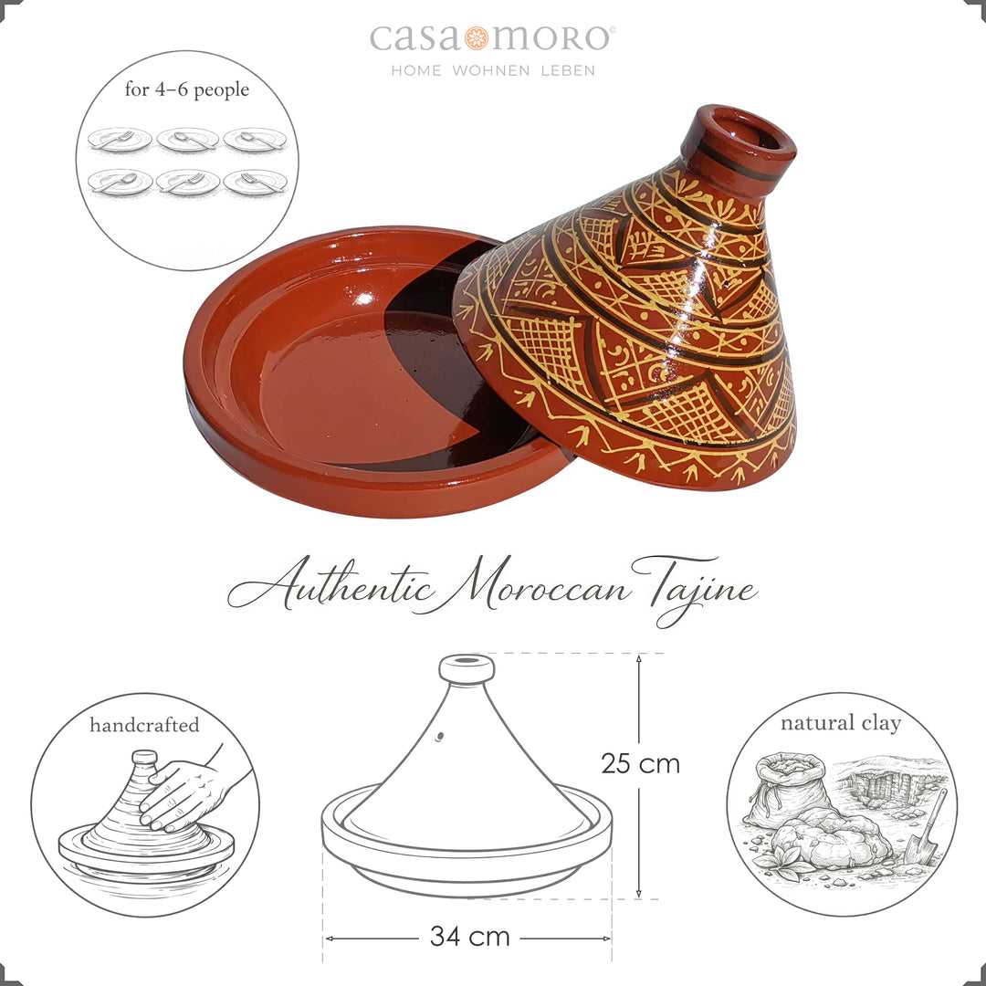 Glazed Moroccan Tajine made of clay with henna pattern, cooking pot for 4-6 people