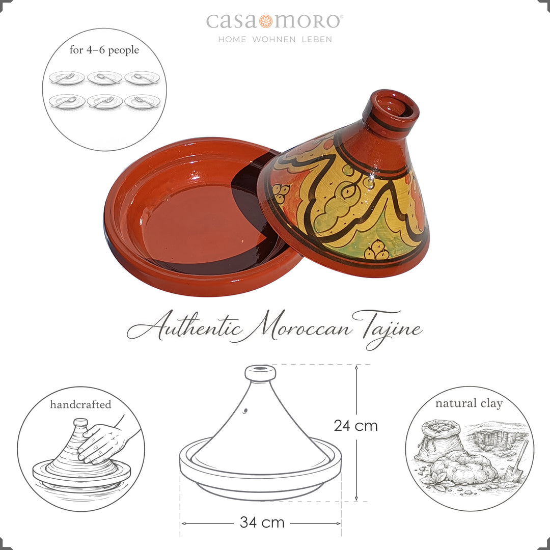 Tajine made of clay 34 cm for 4-6 people, glazed, Moroccan painted casserole dish measuring 24 cm high