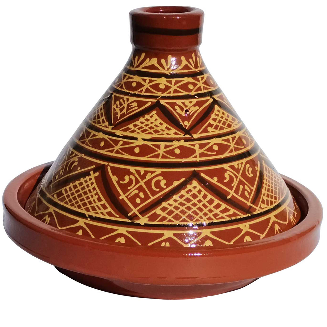 Glazed Moroccan Tajine with henna pattern, clay casserole for aromatic recipes