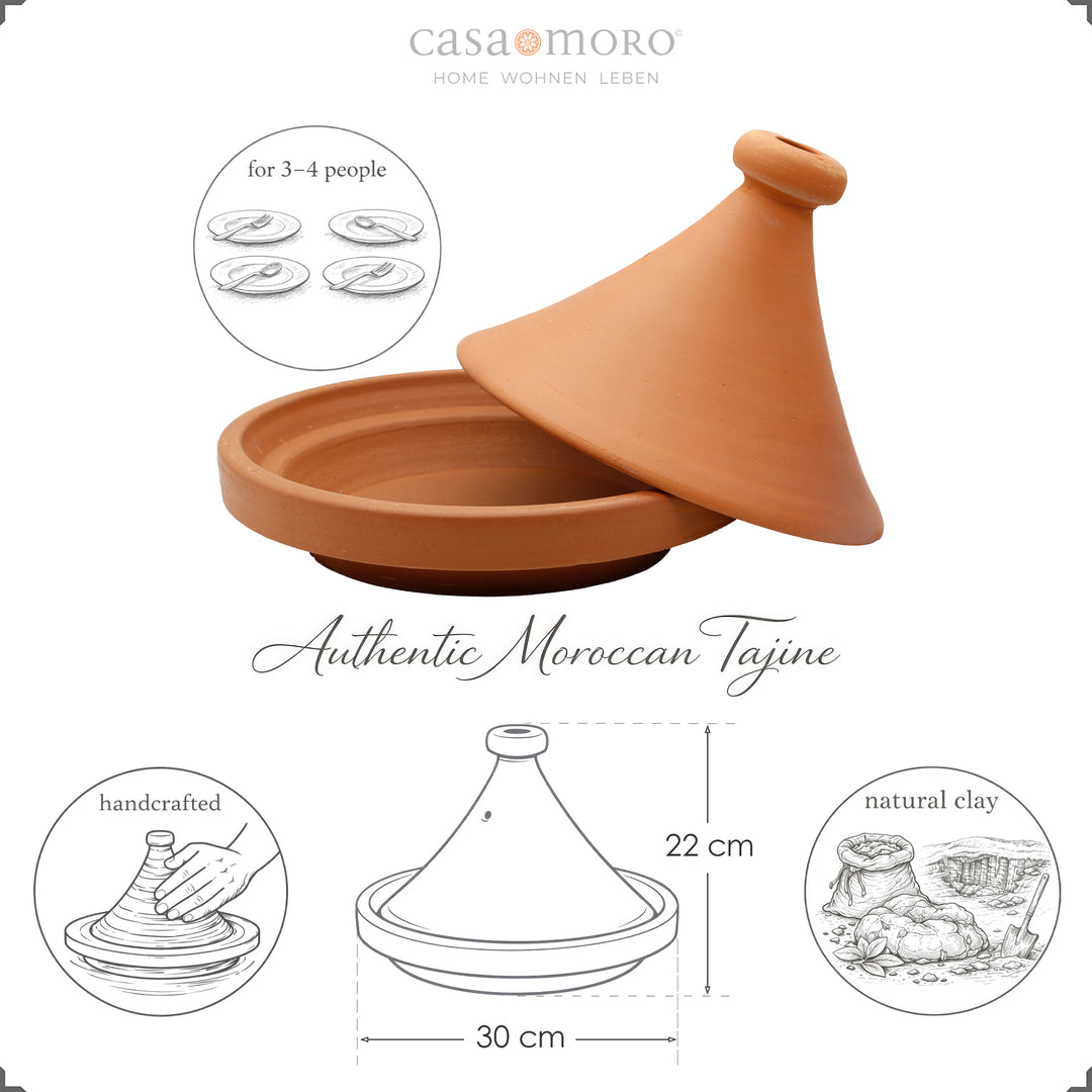 Tajine without glaze 30 cm from Morocco, for 3-4 people, handmade and natural