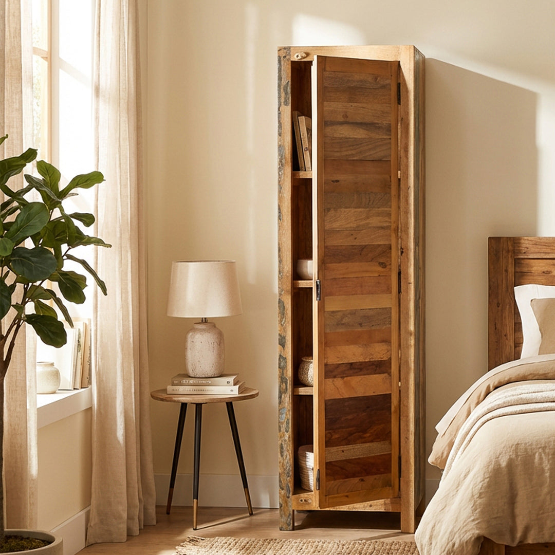 Narrow cabinet made of solid wood and reclaimed wood in vintage style, placed in the modern bedroom